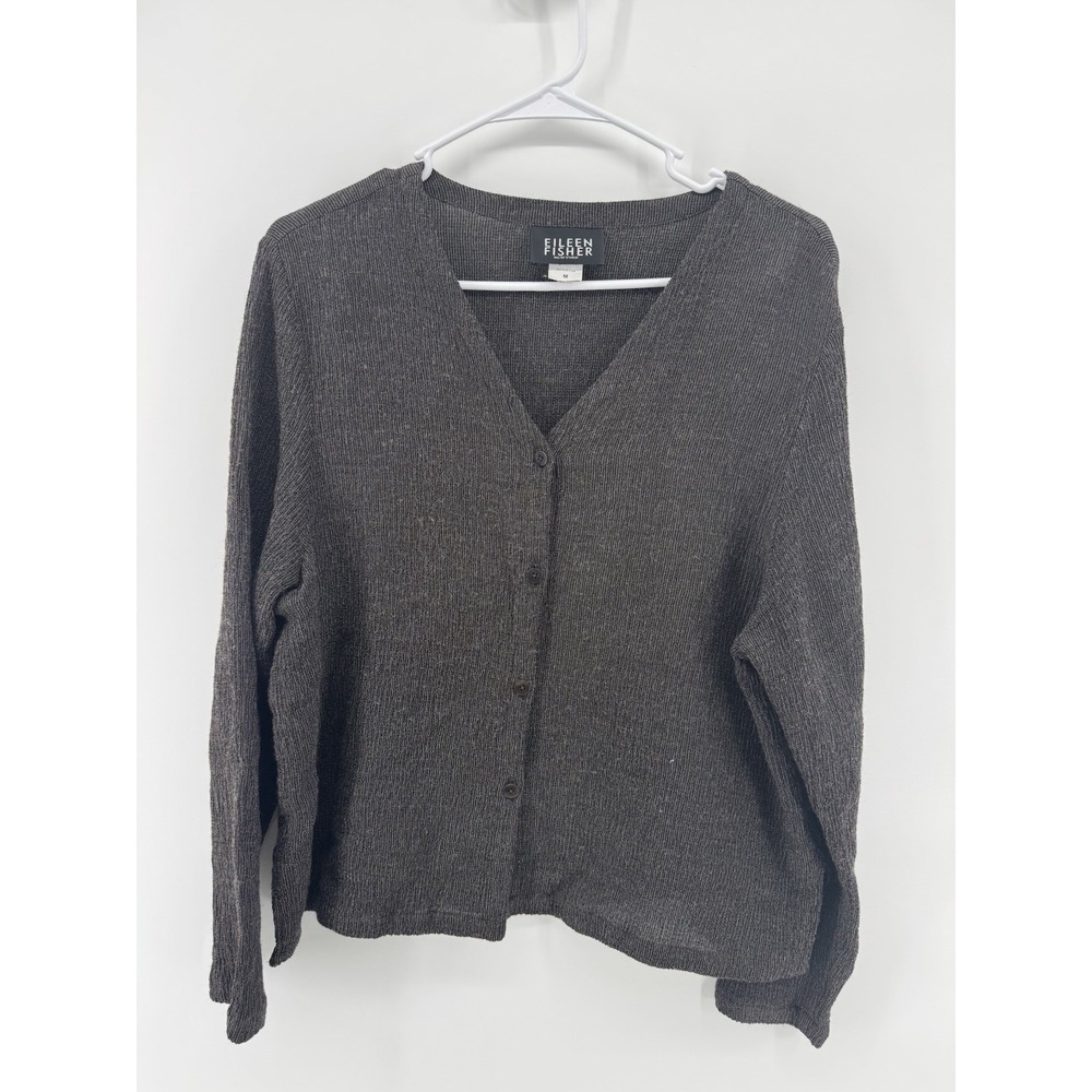 Eileen Fisher Nylon Wool 4 Button‎ Black white Specs Cardigan Women's Sz Medium
